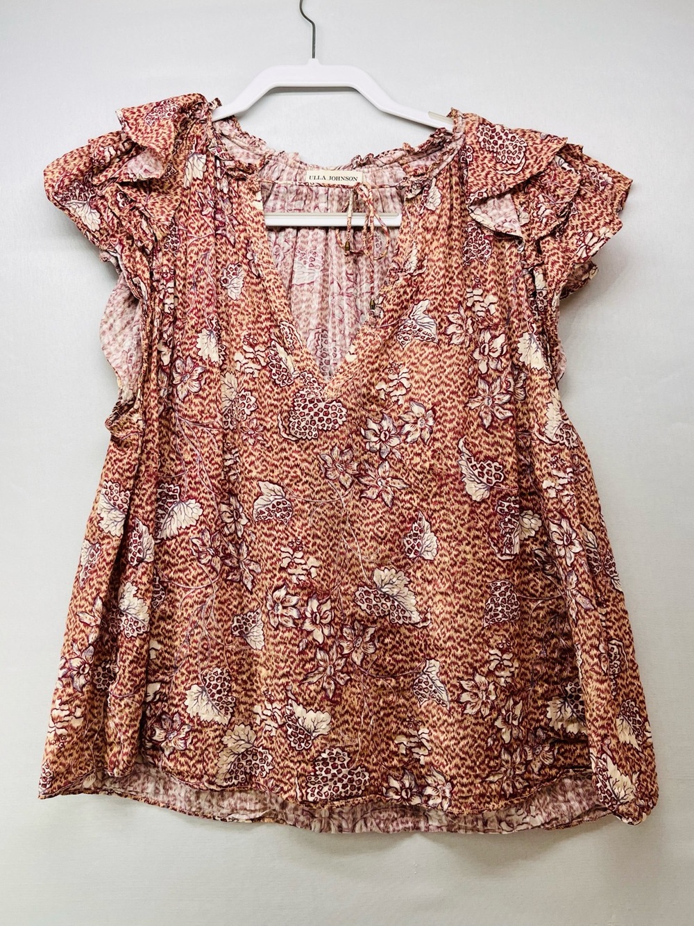 Ulla Johnson Rust Floral Ruffle Sleeve V-Neck Blouse